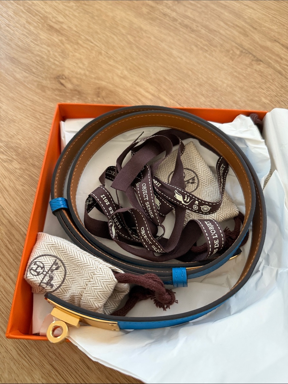 Hermes Kelly Belt Brand New in Blue and Brown with Gold Buckle